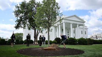 WASHINGTON, DC - APRIL 30: First lady Dr. Jill Biden participates in a tree planting ceremony on the North Lawn of the White House on April 30, 2021 in Washington, DC. In observation of Arbor Day, Biden put three shovels full of dirt around the base of a newly planted Linden tree that replaced one that was removed last month because it was accessed a risk due to decay. (Photo by Chip Somodevilla/Getty Images)
