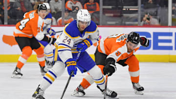 Apr 17, 2022; Philadelphia, Pennsylvania, USA; Buffalo Sabres center Dylan Cozens (24) is defended by Philadelphia Flyers defenseman Ivan Provorov (9) during the first period at Wells Fargo Center. Mandatory Credit: Eric Hartline-USA TODAY Sports