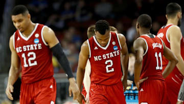 WICHITA, KS - MARCH 15: Torin Dorn #2 of the North Carolina State Wolfpack walks across the court in the second half against the Seton Hall Pirates during the first round of the 2018 NCAA Tournament at INTRUST Arena on March 15, 2018 in Wichita, Kansas. (Photo by Jamie Squire/Getty Images)