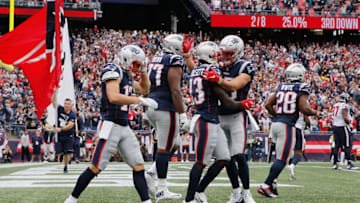FOXBOROUGH, MA - SEPTEMBER 09: Phillip Dorsett #13 of the New England Patriots celebrates with teammates after scoring a touchdown during the second quarter against the Houston Texans at Gillette Stadium on September 9, 2018 in Foxborough, Massachusetts. (Photo by Jim Rogash/Getty Images)