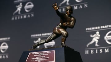 Dec 12, 2015; New York, NY, USA; Alabama running back Derrick Henry name appears on the Heisman Trophy during a press conference at the New York Marriott Marquis after winning the trophy during the 81st annual Heisman Trophy presentation. Mandatory Credit: Brad Penner-USA TODAY Sports