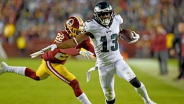 LANDOVER, MD - DECEMBER 30: Nelson Agholor #13 of the Philadelphia Eagles runs for a touchdown in front of Deshazor Everett #22 of the Washington Redskins during the second half at FedExField on December 30, 2018 in Landover, Maryland. (Photo by Will Newton/Getty Images)