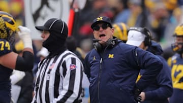 ANN ARBOR, MI - NOVEMBER 30: Michigan Wolverines Head Football Coach Jim Harbaugh reacts to a call during the second quarter of the game against the Ohio State Buckeyes at Michigan Stadium on November 30, 2019 in Ann Arbor, Michigan. Ohio State defeated Michigan 56-27. (Photo by Leon Halip/Getty Images)