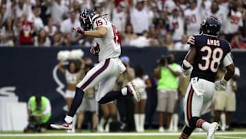 Sep 11, 2016; Houston, TX, USA; Houston Texans wide receiver Will Fuller (15) scores a touchdown past Chicago Bears free safety Adrian Amos (38) during the second half at NRG Stadium. Mandatory Credit: Kevin Jairaj-USA TODAY Sports