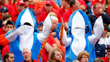 AUBURN, AL - OCTOBER 31: Two fans dressed in shark costumes cheer during the game between the Auburn Tigers and the Mississippi Rebels at Jordan-Hare Stadium on October 31, 2015 in Auburn, Alabama. (Photo by Kevin C. Cox/Getty Images)