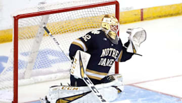 MANCHESTER, NH - MARCH 30: Notre Dame Fighting Irish goaltender Cale Morris (32) makes a glove save before the Northeast Regional final between the UMASS Minutemen and the Notre Dame Fighting Irish on March 30, 2019, at SNHU Arena in Manchester, NH. (Photo by Fred Kfoury III/Icon Sportswire via Getty Images)