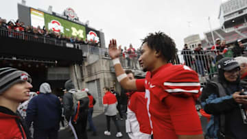 Ohio State Buckeyes quarterback C.J. Stroud (7) waves to fans as he leaves the field following their 56-7 win over the Michigan State Spartans in the NCAA football game at Ohio Stadium in Columbus on Saturday, Nov. 20, 2021.Michigan State Spartans At Ohio State Buckeyes Football