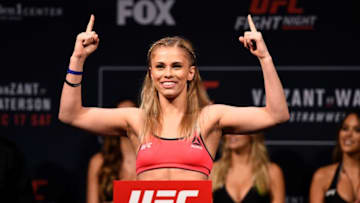 SACRAMENTO, CA - DECEMBER 16: Paige VanZant poses on the scale during the UFC Fight Night weigh-in inside the Golden 1 Center Arena on December 16, 2016 in Sacramento, California. (Photo by Jeff Bottari/Zuffa LLC/Zuffa LLC via Getty Images)