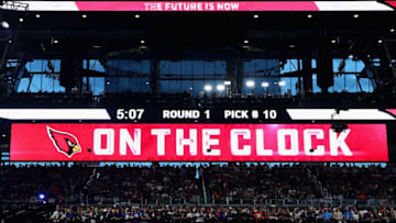 ARLINGTON, TX - APRIL 26: A video board displays the text "ON THE CLOCK" for the Arizona Cardinals during the first round of the 2018 NFL Draft at AT&T Stadium on April 26, 2018 in Arlington, Texas. (Photo by Tom Pennington/Getty Images)