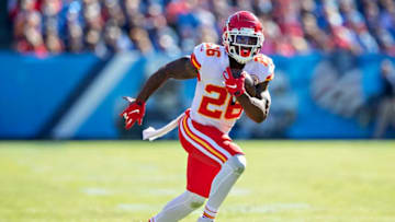 NASHVILLE, TN - NOVEMBER 10: Damien Williams #26 of the Kansas City Chiefs runs the ball during the first half of a game against Tennessee Titans at Nissan Stadium on November 10, 2019 in Nashville, Tennessee. (Photo by Wesley Hitt/Getty Images)
