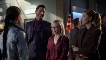 LUCIFER (L to R) LESLEY-ANN BRANDT as MAZE, TOM ELLIS as LUCIFER MORNINGSTAR, RACHAEL HARRIS as DR. LINDA and LAUREN GERMAN as CHLOE DECKER in episode 513 of LUCIFER Cr. COURTESY OF NETFLIX © 2021