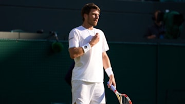 Jul 5, 2022; London, England, United Kingdom; Cameron Norrie (GBR) looks across the court during a quarterfinals mens singles match against David Goffin (BEL) on Number one court at the 2022 Wimbledon Championships at All England Lawn Tennis and Croquet Club. Mandatory Credit: Peter van den Berg-USA TODAY Sports