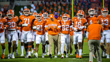 The Clemson Tigers football team lines up for their walk of champions before their game against Virginia, Oct 3, 2020; Clemson, South Carolina, USA; at Memorial Stadium. Mandatory Credit: Ken Ruinard-USA TODAY Sports