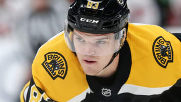 BOSTON, MA - SEPTEMBER 16: Karson Kuhlman #83 of the Boston Bruins looks on during the first period against the Washington Capitals at TD Garden on September 16, 2018 in Boston, Massachusetts. (Photo by Maddie Meyer/Getty Images)