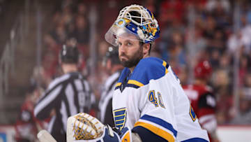 GLENDALE, AZ - MARCH 31: Goaltender Carter Hutton #40 of the St. Louis Blues skates back to the net during a break from the third period of the NHL game against the Arizona Coyotes at Gila River Arena on March 31, 2018 in Glendale, Arizona. (Photo by Christian Petersen/Getty Images)