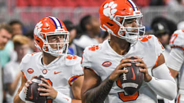Clemson quarterback D.J. Uiagalelei (5) and quarterback Cade Klubnik (2) during warm ups before game at the Mercedes-Benz Stadium in Atlanta, Georgia Monday, September 5, 2022.Ncaa Fb Clemson At Georgia Tech