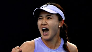 China's Zhu Lin celebrates victory against Canada's Rebecca Marino after their women's singles match on day one of the Australian Open tennis tournament in Melbourne on January 16, 2023. - -- IMAGE RESTRICTED TO EDITORIAL USE - STRICTLY NO COMMERCIAL USE -- (Photo by Paul CROCK / AFP) / -- IMAGE RESTRICTED TO EDITORIAL USE - STRICTLY NO COMMERCIAL USE -- (Photo by PAUL CROCK/AFP via Getty Images)