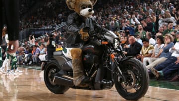 MILWAUKEE, WI - MAY 23: Bango, the Milwaukee Bucks mascot, performs during Game Five of the Eastern Conference Finals against the Toronto Raptors on May 23, 2019 at the Fiserv Forum in Milwaukee, Wisconsin. NOTE TO USER: User expressly acknowledges and agrees that, by downloading and/or using this photograph, user is consenting to the terms and conditions of the Getty Images License Agreement. Mandatory Copyright Notice: Copyright 2019 NBAE (Photo by Gary Dineen/NBAE via Getty Images)