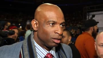 Jan 28, 2014; Newark, NJ, USA; NFL Network analyst Deion Sanders during Media Day for Super Bowl XLIII at Prudential Center. Mandatory Credit: Brad Penner-USA TODAY Sports