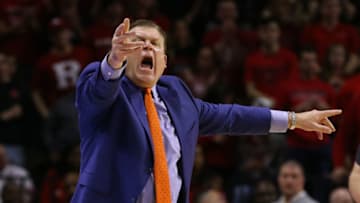 PISCATAWAY, NJ - FEBRUARY 15: Head coach Brad Underwood of the Illinois Fighting Illini reacts to a play during the second half of a college basketball game against the Rutgers Scarlet Knights at Rutgers Athletic Center on February 15, 2020 in Piscataway, New Jersey. Rutgers defeated Illinois 72-57. (Photo by Rich Schultz/Getty Images)