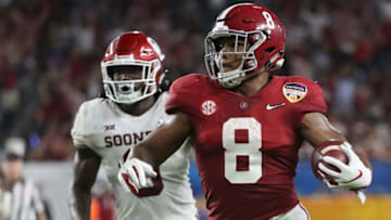 MIAMI, FL - DECEMBER 29: Josh Jacobs #8 of the Alabama Crimson Tide carries the ball in the second quarter during the College Football Playoff Semifinal against the Oklahoma Sooners at the Capital One Orange Bowl at Hard Rock Stadium on December 29, 2018 in Miami, Florida. (Photo by Streeter Lecka/Getty Images)