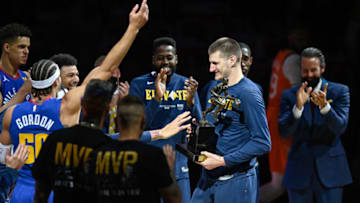 Nikola Jokic of the Denver Nuggets accepts the 2021 NBA MVP award before Game 3 of the Western Conference second-round playoff series. (Photo by Dustin Bradford/Getty Images)