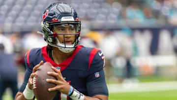 Aug 19, 2023; Houston, Texas, USA; Houston Texans quarterback C.J. Stroud (7) warms up before playing against the Miami Dolphins at NRG Stadium. Mandatory Credit: Thomas Shea-USA TODAY Sports