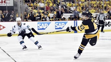 Jun 1, 2016; Pittsburgh, PA, USA; Pittsburgh Penguins left wing Conor Sheary (43) shoots and scores the winning goal against the San Jose Sharks in the overtime period in game two of the 2016 Stanley Cup Final at Consol Energy Center. Mandatory Credit: Don Wright-USA TODAY Sports