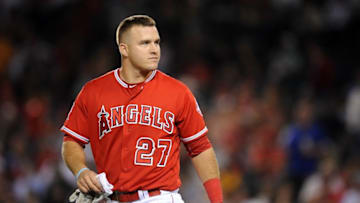 September 9, 2016; Anaheim, CA, USA; Los Angeles Angels center fielder Mike Trout (27) reacts after striking out in the sixth inning against Texas Rangers at Angel Stadium of Anaheim. Mandatory Credit: Gary A. Vasquez-USA TODAY Sports