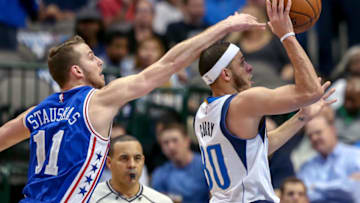 Dallas Mavericks guard Seth Curry (30) gets off a shot past Philadelphia 76ers guard Nik Stauskas (11) during the second half on Wednesday, Feb. 1, 2017 at the American Airlines Center in Dallas, Texas. (Steve Nurenberg/Fort Worth Star-Telegram/TNS via Getty Images)