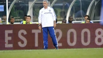 Aug 4, 2013; East Rutherford, NJ, USA; Chelsea head coach Jose Mourinho looks on during the first half against AC Milan at Metlife Stadium. Chelsea won the game 2-0. Mandatory Credit: Joe Camporeale-USA TODAY Sports
