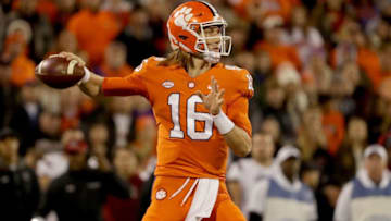 CLEMSON, SC - NOVEMBER 24: Trevor Lawrence #16 of the Clemson Tigers drops back to pass against the South Carolina Gamecocks during their game at Clemson Memorial Stadium on November 24, 2018 in Clemson, South Carolina. (Photo by Streeter Lecka/Getty Images)