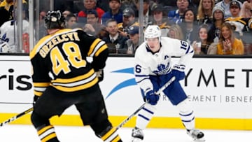 BOSTON, MA - OCTOBER 22: Toronto Maple Leafs right wing Mitchell Marner (16) checks on Boston Bruins left defenseman Matt Grzelcyk (48) during a game between the Boston Bruins and the Toronto Maple Leafs on October 22, 2019, at TD Garden in Boston, Massachusetts. (Photo by Fred Kfoury III/Icon Sportswire via Getty Images)