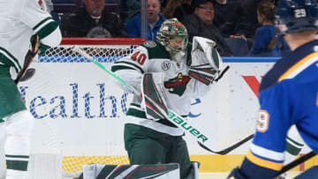 ST. LOUIS, MO - NOVEMBER 11: Devan Dubnyk #40 of the Minnesota Wild makes a save against the St. Louis Blues at Enterprise Center on November 11, 2018 in St. Louis, Missouri. (Photo by Scott Rovak/NHLI via Getty Images)
