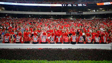 ATHENS, GA - SEPTEMBER 18: Georgia Bulldogs fans show their support for recruiting Arch Manning who attended during the game between the South Carolina Gamecocks and the Georgia Bulldogs at Sanford Stadium on September 18, 2021 in Athens, Georgia. (Photo by Todd Kirkland/Getty Images)
