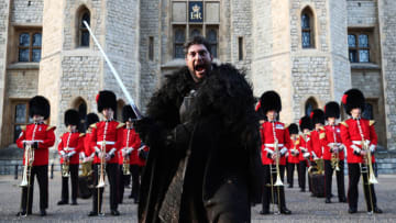 *** FREE FOR EDITORIAL USE ****** EDITORIAL USE ONLY ***To celebrate the launch of Season 8 of Game of Thrones on Sky Atlantic, the Nights Watch, from the global hit TV series, take part in a military performance with the Coldstream Guards Band of the British Army at the Tower of London who performed the iconic soundtrack to the show. Sky Atlantic partnered with the British Army to choreograph the spectacle, which took two months of precise military and musical planning. The crowds had been expecting a traditional Changing of Sentry Duty from the Coldstream Guards, as they played The Standard of St George March before suddenly switching into the Game of Thrones soundtrack. The first episode of the new and final series airs at 2am and 9pm on Monday April 15 on Sky Atlantic.Photo credit should read: Joe Pepler/PINPEPIssue Date: 8th April 2019