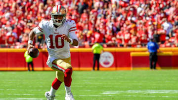 KANSAS CITY, MO - SEPTEMBER 23: Jimmy Garoppolo #10 of the San Francisco 49ers rushes out of the pocket on a play in which he would be injured during the fourth quarter of the game against the Kansas City Chiefs at Arrowhead Stadium on September 23rd, 2018 in Kansas City, Missouri. (Photo by Peter Aiken/Getty Images)