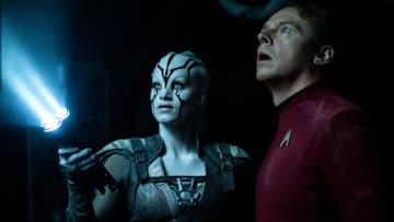 Left to right: Sofia Boutella plays Jaylah and Simon Pegg plays Scotty in Star Trek Beyond from Paramount Pictures, Skydance, Bad Robot, Sneaky Shark and Perfect Storm Entertainment