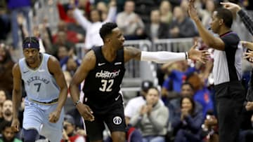 WASHINGTON, DC - MARCH 16: Jeff Green #32 of the Washington Wizards celebrates after hitting a three pointer in front of Justin Holiday #7 of the Memphis Grizzlies in the second half at Capital One Arena on March 16, 2019 in Washington, DC. NOTE TO USER: User expressly acknowledges and agrees that, by downloading and or using this photograph, User is consenting to the terms and conditions of the Getty Images License Agreement. (Photo by Rob Carr/Getty Images)