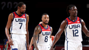 Kevin Durant, Damian Lillard, Jrue Holiday, Team USA. Photo by Gregory Shamus/Getty Images