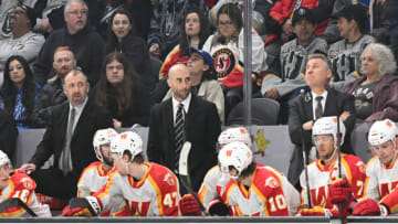 HENDERSON, NEVADA - FEBRUARY 26: Mitch Love, head coach of the Calgary Wranglers on the bench in the game against the Henderson Silver Knights at The Dollar Loan Center on February 26, 2023 in Henderson, Nevada. The Silver Knights defeated the Wranglers 2-1. (Photo by Candice Ward/Getty Images)