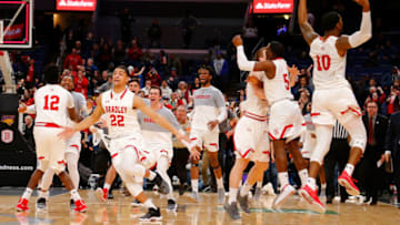 ST. LOUIS, MO - MARCH 10: Ja'Shon Henry #22 of the Bradley Braves runs on to the court with his teammates after beating the Northern Iowa Panthers during the final game of the MVC Basketball Tournament at the Enterprise Center on March 10, 2019 in St. Louis, Missouri. The Bradley Braves beat the Northern Iowa Panthers 57-54 to win the MVC Championship. (Photo by Dilip Vishwanat/Getty Images)