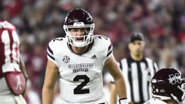 Oct 22, 2022; Tuscaloosa, Alabama, USA; Mississippi State Bulldogs quarterback Will Rogers (2) shouts instructions at the line of scrimmage against the Alabama Crimson Tide during the first half at Bryant-Denny Stadium. Mandatory Credit: Gary Cosby Jr.-USA TODAY Sports