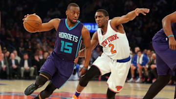 Apr 6, 2016; New York, NY, USA; Charlotte Hornets point guard Kemba Walker (15) drives against New York Knicks shooting guard Langston Galloway (2) during the first quarter at Madison Square Garden. Mandatory Credit: Brad Penner-USA TODAY Sports