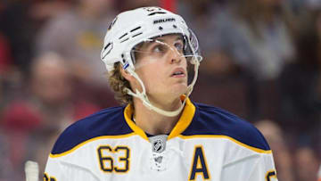 Sep 26, 2015; Ottawa, Ontario, CAN; Buffalo Sabres center Tyler Ennis (63) during the second period against the Ottawa Senators at Canadian Tire Centre. The Sabres defeated the Senators 6-4. Mandatory Credit: Marc DesRosiers-USA TODAY Sports