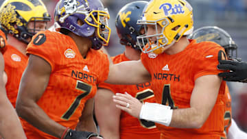 MOBILE, AL - JANUARY 28: Nate Peterman #4 of the North team celebrates with Zay Jones #7 of the North team during the second half of the Reese's Senior Bowl at the Ladd-Peebles Stadium on January 28, 2017 in Mobile, Alabama. (Photo by Jonathan Bachman/Getty Images)