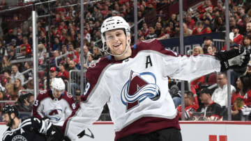 CHICAGO, IL - NOVEMBER 29: Nathan MacKinnon #29 of the Colorado Avalanche reacts after the Avalanche scores against the Chicago Blackhawks in the second period at the United Center on November 29, 2019 in Chicago, Illinois. (Photo by Bill Smith/NHLI via Getty Images)