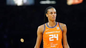 Sep 13, 2022; Las Vegas, Nevada, USA; Connecticut Sun forward/guard DeWanna Bonner (24) during the first quarter against the Las Vegas Aces in game two of the WNBA Finals at Michelob Ultra Arena. Mandatory Credit: Lucas Peltier-USA TODAY Sports