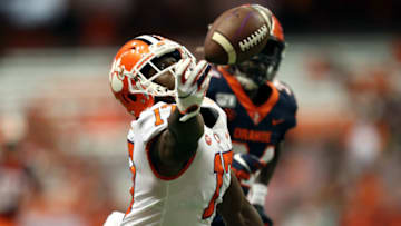 SYRACUSE, NEW YORK - SEPTEMBER 14: Cornell Powell #17 of the Clemson Tigers attempts to catch a ball during a game against the Syracuse Orange at the Carrier Dome on September 14, 2019 in Syracuse, New York. (Photo by Bryan M. Bennett/Getty Images)