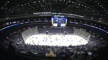 ST. LOUIS, MO - APRIL 20: Players warm up before a first round Stanley Cup Playoffs game between the Winnipeg Jets and the St. Louis Blues, on April 20, 2019, at Enterprise Center, St. Louis, Mo. (Photo by Keith Gillett/Icon Sportswire via Getty Images)